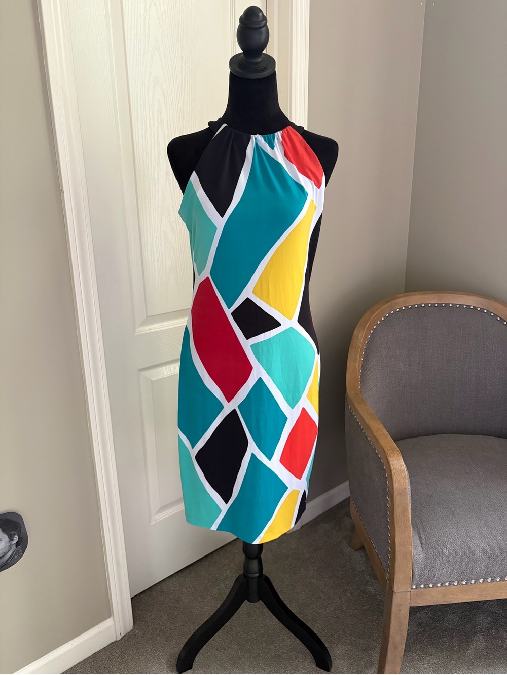 Worthington Colorblock Halter Mini Dress in Teal, Red, Yellow, Black, White